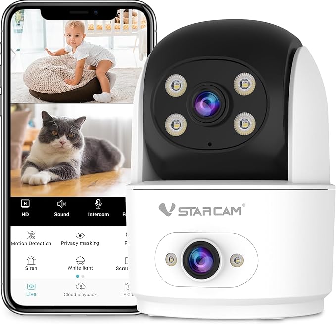 VSTARCAM 2K Dual Camera Indoor Security Cameras, Pet Camera Indoor, Pet/Elderly/Baby Monitor, Color Night Vision, 360° Pan Tilt, Motion Detection, 2-Way Talk, 2.4G WiFi, 24/7 SD Card Storage