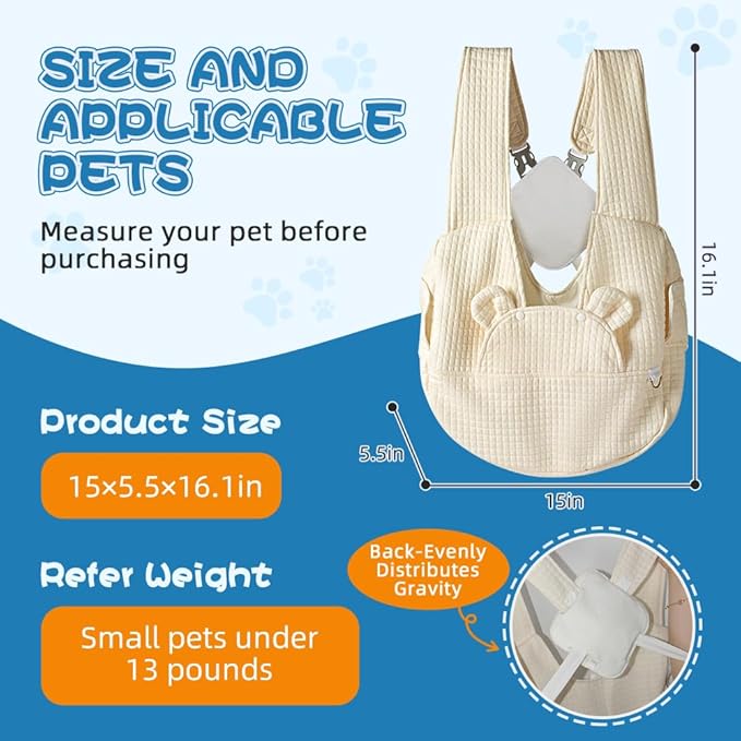Sling Carrier for Carry Small Dogs and Cats,Soft Waffle Pattern Portable Pet Front Backpack，Reducing Back Pain, for outings,Travel, for Small Pet Up to 13lb,White