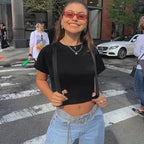 Womens Summer Crop Tops Short Sleeve Round Neck T-Shirts Loose Fit Casual Blouse