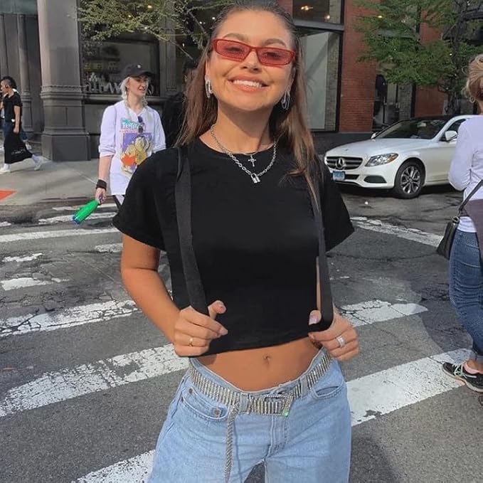 Womens Summer Crop Tops Short Sleeve Round Neck T-Shirts Loose Fit Casual Blouse