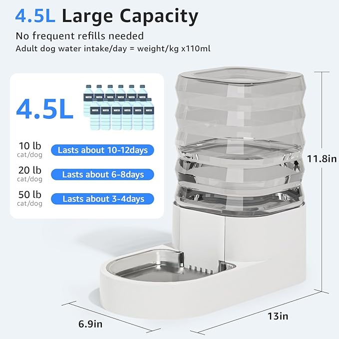 Gravity 4.5L Dog and Cat Water Bowl Dispenser, Automatic Stainless Steel Dog Water Bowl, 100% BPA-Free, Self-Filling Large Capacity Pet Water Feeder for Dogs and Cats