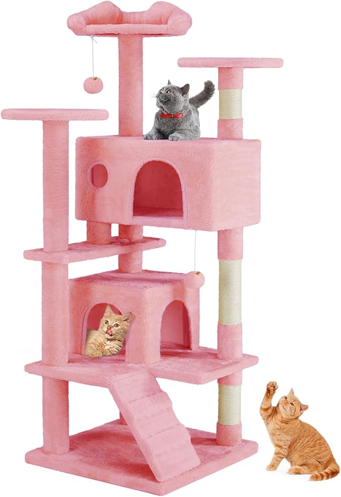 Sweetcrispy 54 Inch Cat Tree Tower, Multi-Level with Cat Scratching Post, Indoor Cat Condo with Climbing Ladder, Plush Toy, Play House for Cat, Pink