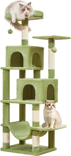 Taoqimiao Cat Tree, 61-Inch Cat Tower for Indoor Cats, Plush Multi-Level Cat Condo with 5 Scratching Posts, 2 Perches, 2 Caves, Hammock, 2 Pompoms, MS013SGR Green
