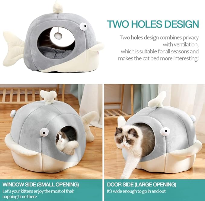 Lcybem Cat Beds for Indoor Cats - Cat Bed Cave with Removable Washable Cushioned Pillow, Calming Cozy Soft Cat Cave, Cute Friendly Dolphin Cat Houses for Indoor Cats No Deformation Pet Bed, L