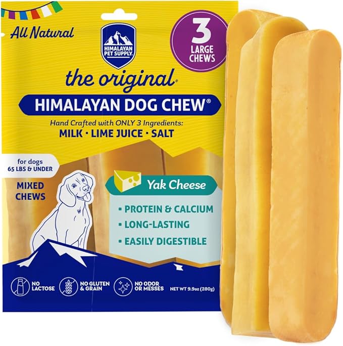 Himalayan Dog Chew Original Yak Cheese Dog Chew, 3 XL/Large Sticks, 3.3 oz, Gluten Free, Healthy Dog Treats, Grain & Lactose Free 100% Natural, Long Lasting Chews for Dogs Under 65 lbs