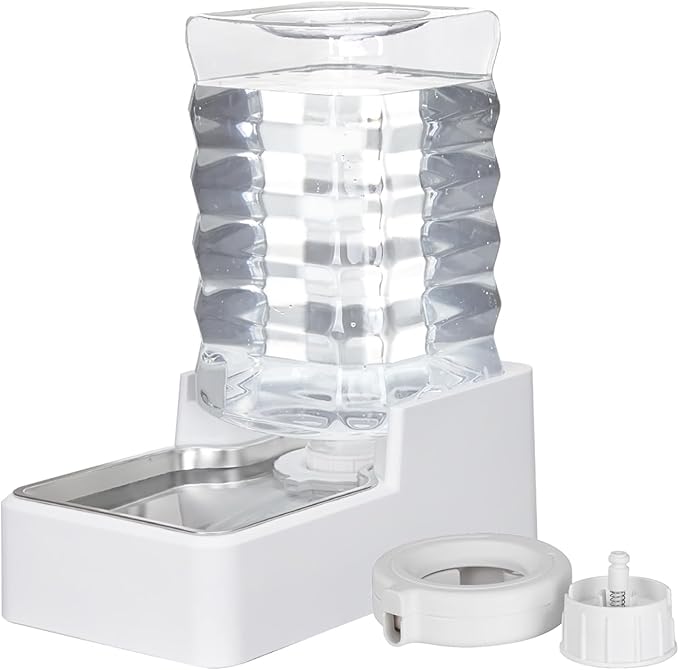 Sfozstra Dog Water Bowl Dispenser: 8L Lagre Automatic Gravity White Upgraded Pet Water Dispenser - Stainless Steel Bowl - BPA-Free - Two Caps and Filters for Multiple Pets