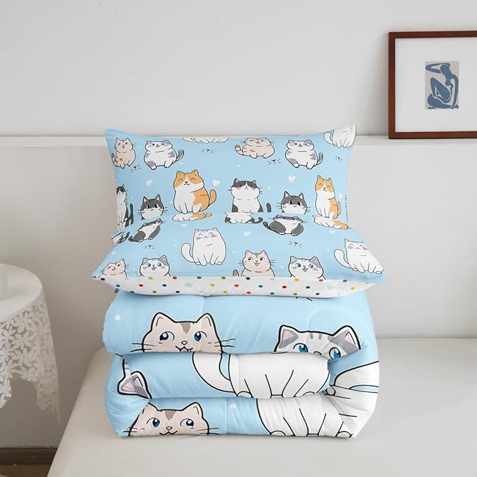 Erosebridal Cute Cat Comforter Set for Girls Blue Bedding Set King Kawaii Animal Pet Bedding Sets & Collections Cartoon Kitten Pattern Down Comforter All-Season Microfiber Bed Sets with 2 Pillowcases