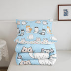Erosebridal Kawaii Cat Bedding Queen for Girls Rainbow Kitten Comforter Set Cute Pet Bedding Comforter Sets Kids Cartoon Animal Duvet Insert Pastel Blue Quilted Duvet with 2 Pillow Shams Lightweight