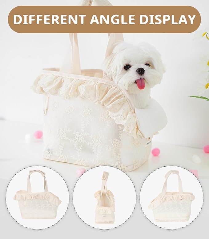 Dog Carrier for Small Dogs Rabbit cat with Lace Design, Cotton Bag, Dog Carrier Soft Sided, Collapsible Travel Puppy Carrier (Beige, 13" L x 6.7" W x 10.6" H)