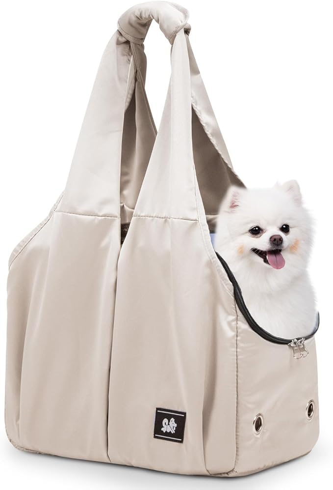 Dog Purse Carrier for Small Dogs, Cats, and Puppies – Soft-Sided Travel Pet Tote Bag with 4 Large Pockets, Foldable, Lightweight, Fits Pets up to 15 lbs, for Travel, Vet, Outings (Beige)