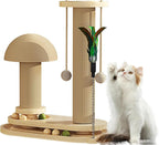 Cat Scratching Post- 4 in 1 Cat Scratch Post Kitten Toys for Indoor Cats, Wooden Cat Scratcher with 2 Level Cat Track Ball, Interactive Cat Feather Toy, Mushroom Cat Scratcher and Sisal Hanging Ball