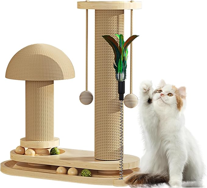 Cat Scratching Post- 4 in 1 Cat Scratch Post Kitten Toys for Indoor Cats, Wooden Cat Scratcher with 2 Level Cat Track Ball, Interactive Cat Feather Toy, Mushroom Cat Scratcher and Sisal Hanging Ball