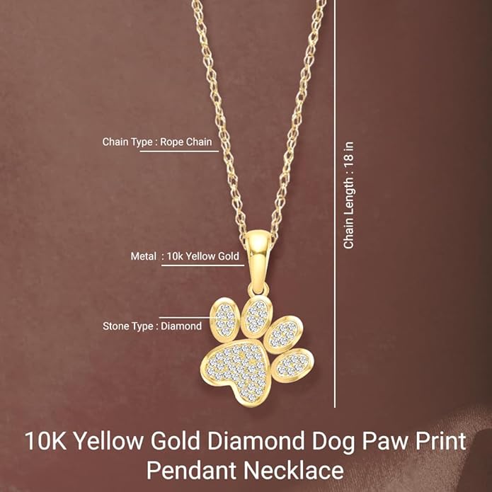 Diamond2Deal 10K Solid Gold Diamond Dog Paw Print Pendant Rope Chain Necklace 18inch (1/8Ct/ I2,H-I)