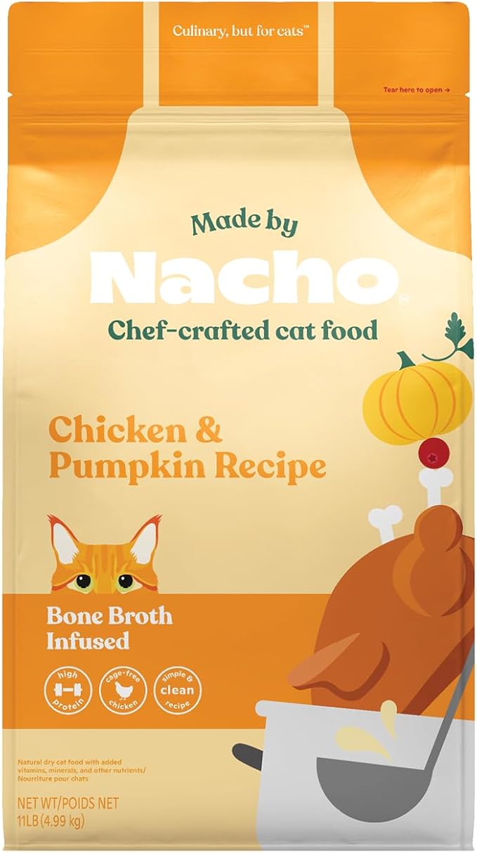 Made by Nacho Dry Cat Kibble 11lb Bag, High Protein and Grain-Friendly Premium Cat Food, Cage-Free Chicken & Pumpkin Recipe, Infused with Bone Broth for Hydration, Limited Ingredients, Single Bag