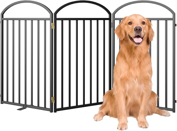 3 Panels Full Matel Freestanding Dog Gates with Door, 72"Extra Wide 32"Tall Free Standing Dog Pet Gate for Indoor & Outdoor. Foldable Pet Fences for Doorways, House, Stairs, Porch, Deck, Yard