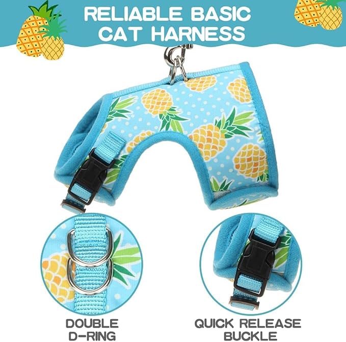BINGPET Cat Harness - with Leash Included - Mesh Cat Dog Walking Harness Adjustable Harness for Kitties Puppy Harness Adjustable Cat Vest Harness Pineapple