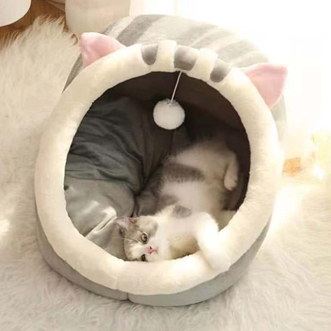 12.9 inch Semi-Enclosed All-Season Cat Bed, Removable and Washable Cat Beds for Indoor Cats, Comfortable Cat House for Cats to Play and Sleep in