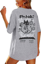 Womens Vintage Graphic Tee Shirt Cat Print Short Sleeve Loose Tunic Tops Gothic Oversized Punk Baggy Shirts