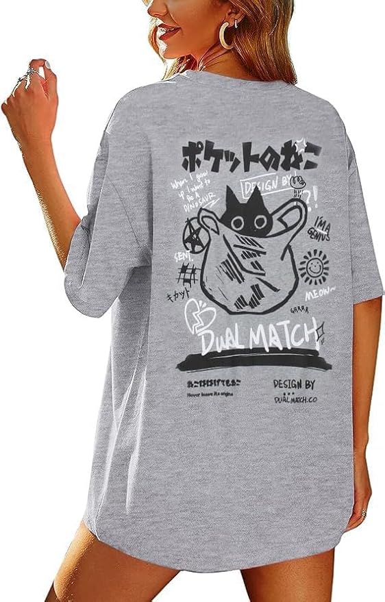 Womens Vintage Graphic Tee Shirt Cat Print Short Sleeve Loose Tunic Tops Gothic Oversized Punk Baggy Shirts