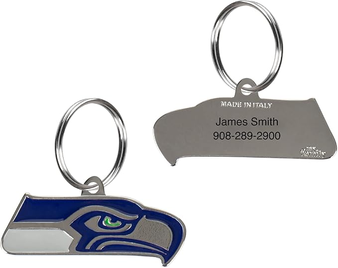 NFL Seattle Seahawks Engraving Pet ID Shapes - 32 Team Logo Dog & Cat Tags with 3 Lines of Custom Text for Tracking & Safety - Stainless Steel Pet ID Tags