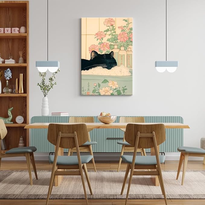 Relaxation Japanese Poster Print Cute Black Cat Wall Art Decor Bathtub Pink Flowers and Green Leaves Picture Canvas Minimalist Japan Artwork for Bathroom Bedroom Toilet Kids Room 16x24inch Framed
