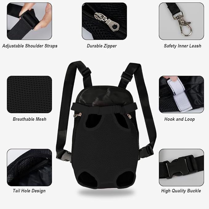 FEimaX Dog Carrier Backpack Pet Legs Out Front Cat Travel Bag, Adjustable Puppy Backpacks Carriers Hands-Free for Small Medium Dogs Cats Hiking Traveling Camping Daily Walking (Small, Black)