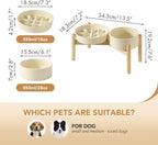 Ceramic Raised Slow Feeder Dog Bowl Set, Elevated 6.1inch Bowl and 7.3inch Slow Pet Food Dish with Wooden Stand for Small and Medium Dog (2 x Beige+ Stand)
