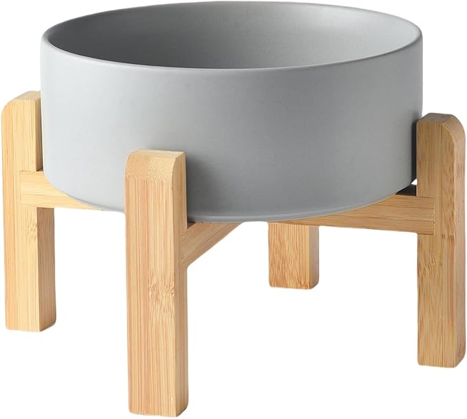 8'' Ceramic Raised Dog Bowl - 70Oz Dog Food & Water Bowl with Elevated Non-Slip Bamboo Stand, Dishwasher & Microwave Safe, Anti Vomiting Heavy Duty Pet Bowl for Medium and Large Dogs, Grey