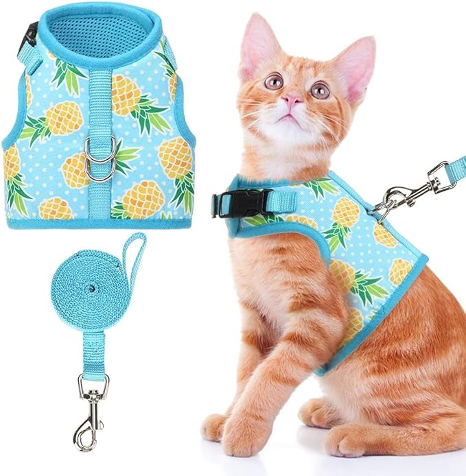BINGPET Cat Harness - with Leash Included - Mesh Cat Dog Walking Harness Adjustable Harness for Kitties Puppy Harness Adjustable Cat Vest Harness Pineapple
