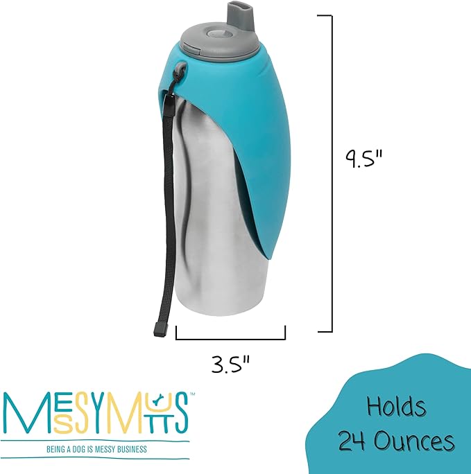 Messy Mutts Stainless Steel Travel Water Bottle with Silicone Flip Up Bowl | Pet Travel Necessity | Camping, Hiking, Walking Accessory | 24 oz / 700mL | Blue