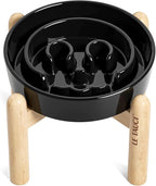 LE TAUCI Ceramic Slow Feeder Dog Bowls Elevated, 0.6 Cups Raised Dog Bowl with Wooden Stand for Small Breed, Pet Dishes to Slow Down Eating, Skull Black