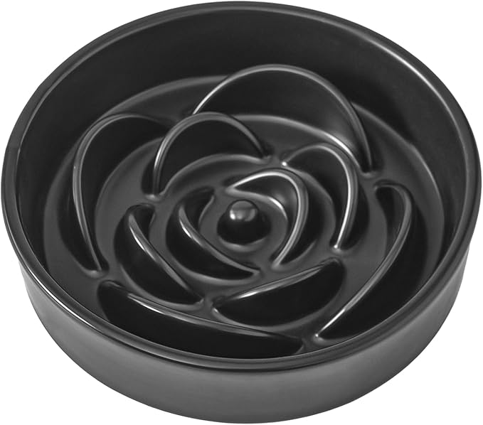 8.25'' Ceramic Slow Feeder Dog Bowls - Petal Shape Modern Dog Food Dish for Medium and Large Breeds, Puzzle Maze Bowl to Slow Down Eating, Anti-Gulping, Dishwasher & Microwave Safe, Black