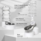 RIZZARI Large Gravity Water Dispenser: 8L Automatic Upgraded Water Feeder with Stainless Steel Bowl - Two Caps and Filters for Pets Indoor/Outdoor Use by Owners