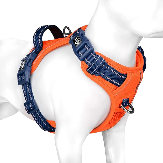PHOEPET No Pull Dog Harness, Unique Colors Reflective Adjustable Dog Vest, with Soft Training Handle Metal Clips for Small Medium Large Dogs (Orange Base & Blue Straps,S)