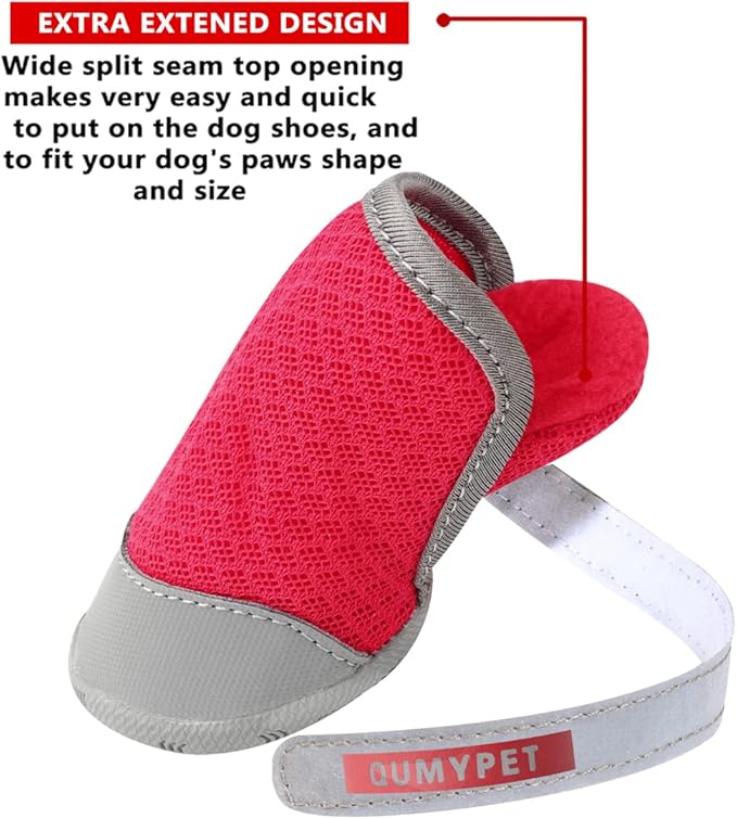 QUMY 2PCS Small Dog Shoes for Hot Pavement Summer Puppy Dog Booties with Reflective Strip Soft Comfortable Skid-Resistant Rubber Sole Red Size 4