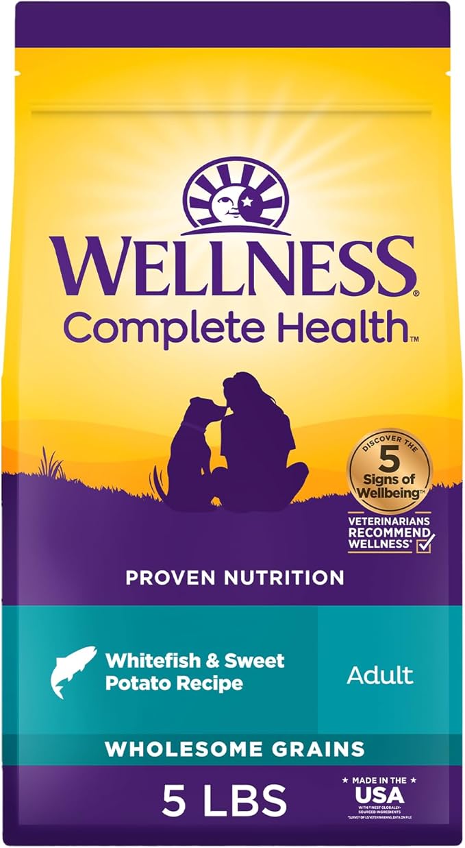 Wellness Complete Health Dry Dog Food with Grains, Natural Ingredients, Made in USA with Real Meat, All Breeds, For Adult Dogs (Whitefish & Sweet Potato, 5-Pound Bag)