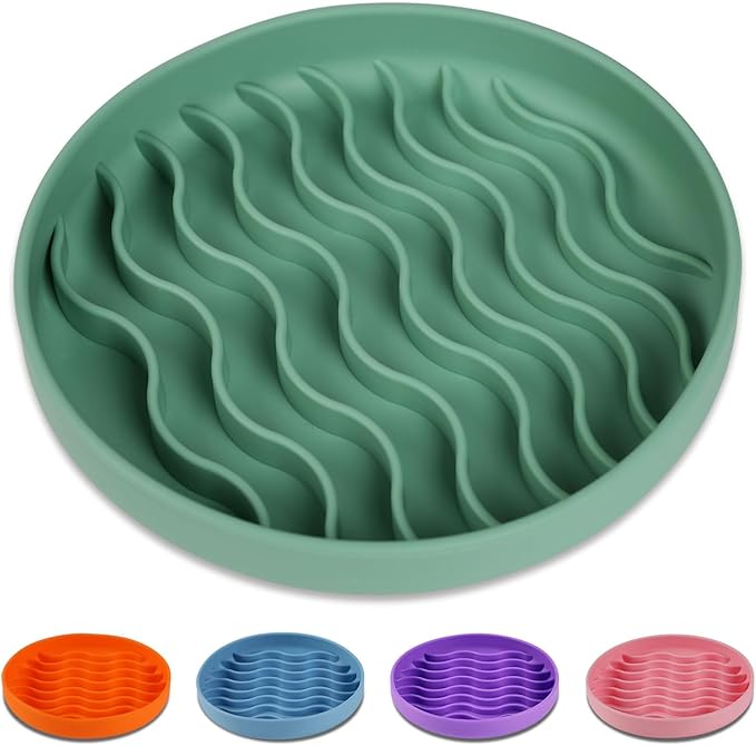 Slow Feeder Dog Bowls, Silicone Food Bowl Anti-Gulping, Pets Puppy Slow Feeder with Suction Cups, Dishwasher Microwave Safe for All Small Medium Dogs, Wave Design Green
