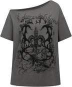 SOLY HUX Women's Off The Shoulder Tops Graphic Tees Y2k Vintage Gothic Oversized T Shirts Streetwear