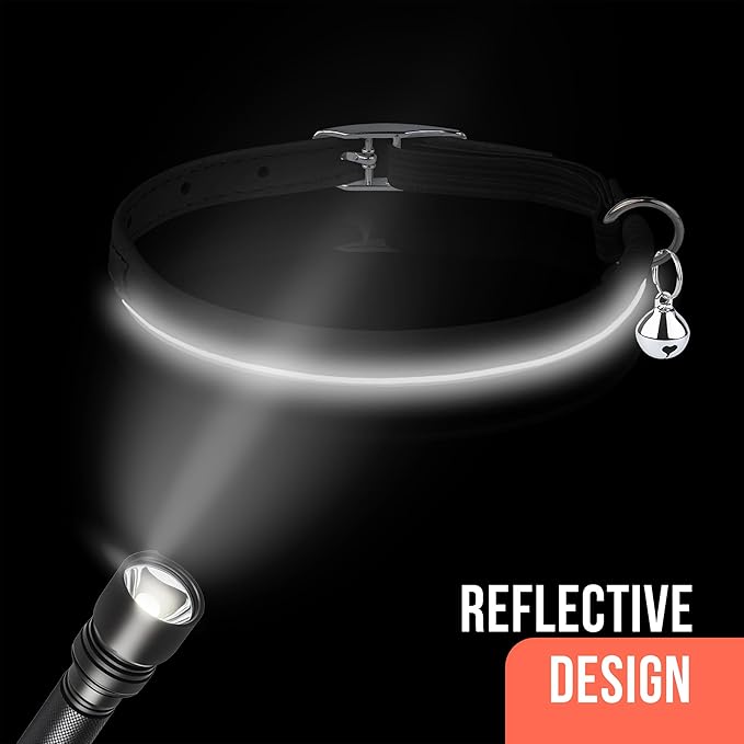 OOPSDOGGY Rolled Leather Cat Collar with Bell, Reflective Kitten Collars with Buckle Include Safety Elastic Strap - Adjustable Small Pet Collars for Boy Girl Cats (Black)