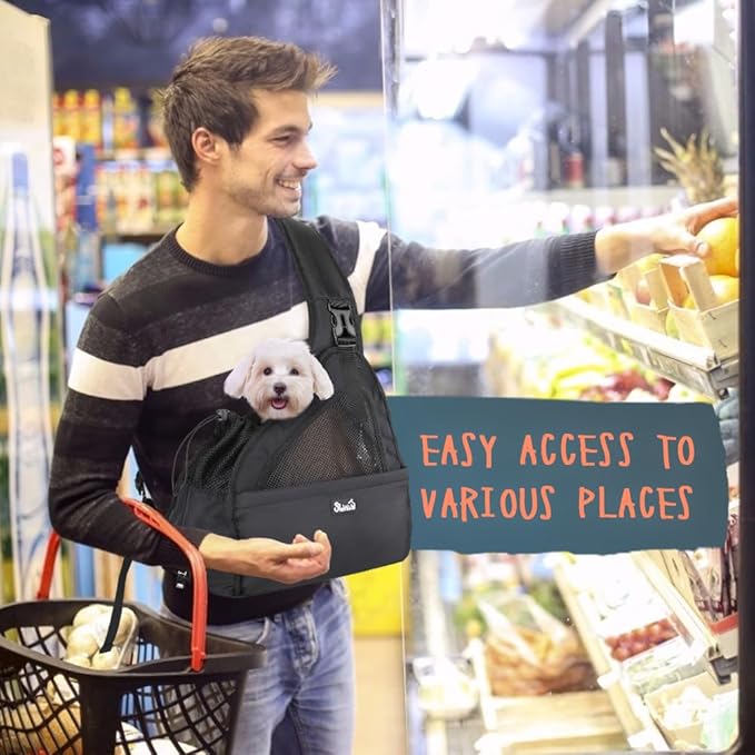 SlowTon Pet Dog Sling Carrier, Hands Free Hard Bottom Papoose Small Animal Puppy Up to 6 lbs Travel Bag Tote Breathable Mesh Support Adjustable Padded Strap Pocket Safety Belt(Widened Black)