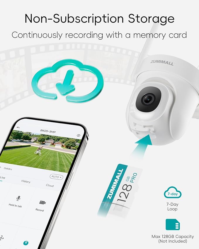 ZUMIMALL 3MP Outdoor Camera Wired 2.4G/5G WiFi - 2-Pack, 24/7 Recording, AI Motion Detection, Cloud & SD Card Storage, 2-Way Audio, PTZ Camera Auto Tracking, Compatible with Alexa Google