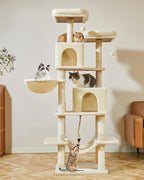 Taoqimiao Cat Tree, 71.7-Inch Cat Tower for Indoor Cats, Plush Multi-Level Cat Condo with 13 Scratching Posts, 2 Perches, 2 Caves, Hammock, 2 Pompoms,Beige MS013LM