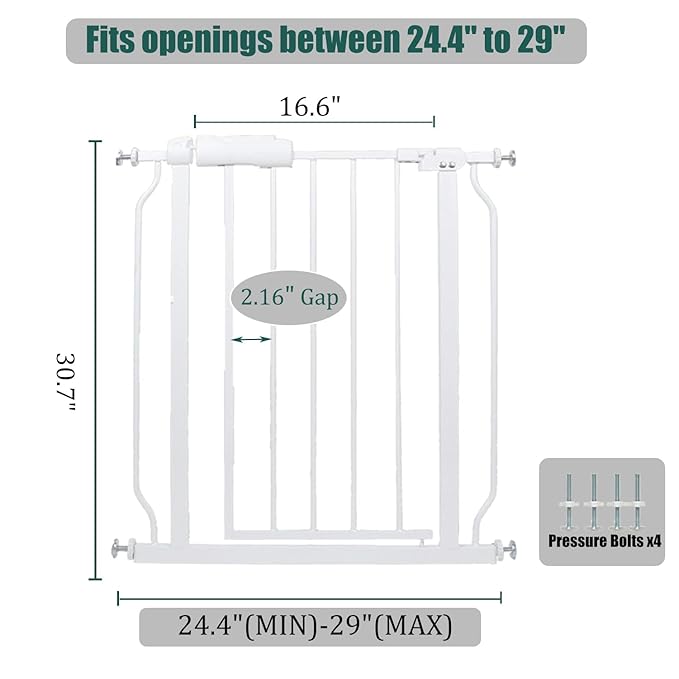 24-29 Inch Narrow Baby & Dog Gate, Pressure Mounted No Drilling, for Stairs & Doorways, White Metal Safety Gate Indoor for Kids and Pets