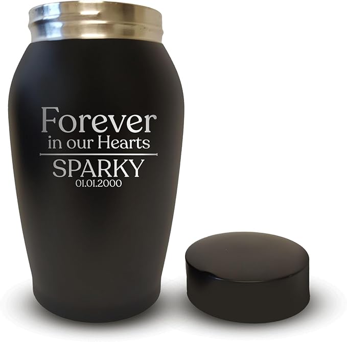 Personalized Custom Small Keepsake Urn Engraved with Pet Name, Date and Cat Design - 5.2" Black Powder Coated Steel Cremation Urn for Cat Ashes | 12-16 lb Capacity, Forever in Our Hearts