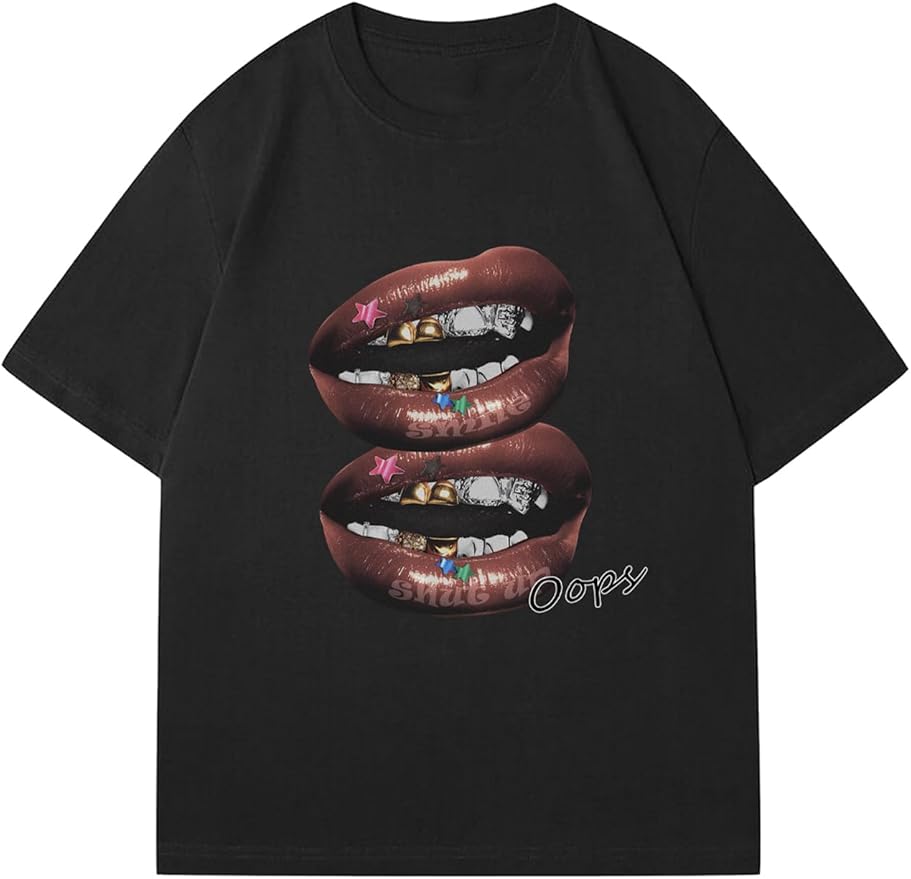 Verdusa Women's Lips Print Graphic Tees Y2k T Shirts Summer Crew Neck Vintage Going Out Tops