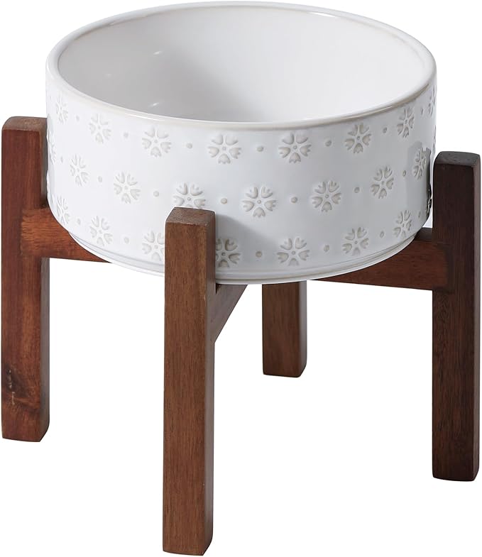 8.2inch Ceramic Raised Dog Bowl Set, Elevated Dog Bowl with Acacia Wood Stand, Food and Water Bowl for Large Breed Dogs, Weighted Pet Dishes(60oz, Arctic White)