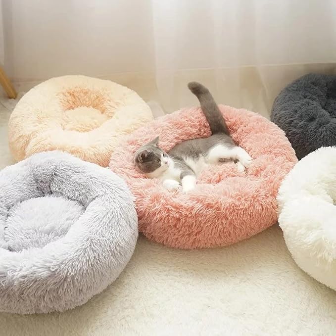 Cat Beds for Indoor Cats - Cat Bed Washable 24 inches, Dog Beds for Small Medium Dogs, Anti Anxiety Round Fluffy Plush Faux Fur Cat Bed, Thick Bottom (Pink, Large)