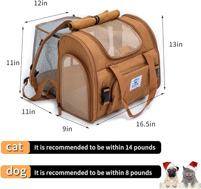 Pet Backpack Carrier for Small Dogs Medium Cats, Puppies,Breathable and Collapsible Design, Portable Travel Bag for Bearded Dragon,Rabbit Cage (Brown +Two-Shoulder, Small)