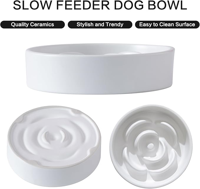 6'' Ceramic Slow Feeder Dog Bowls - Petal Shape Modern Dog Food Dish for Cats and Small Breed Dogs, Puzzle Maze Bowl to Slow Down Eating, Anti-Gulping, Dishwasher & Microwave Safe, White
