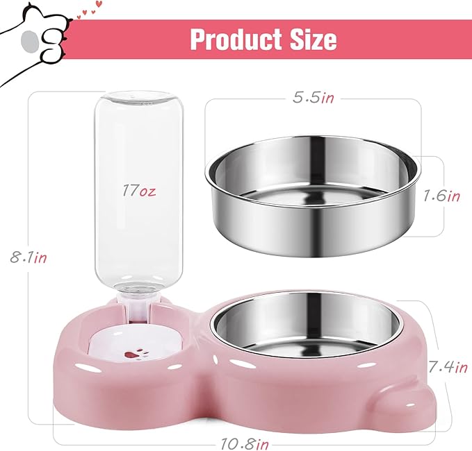 Dog Bowls, Cat Food and Water Bowl Set with Water Dispenser and Stainless Steel Bowl for Cats and Small Dogs - Pink